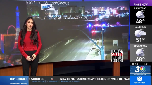 A news anchor in a red top stands before a large screen displaying a live traffic camera feed and a Las Vegas cityscape. Transcribed text: 2514 Las Vegas/Cactus. RIGHT NOW LAS VEGAS 48°, LAUGHLIN 51°, HENDERSON 48°. 5:33 | 48°. 3 NEWS3. INJURED? CALL ED BE