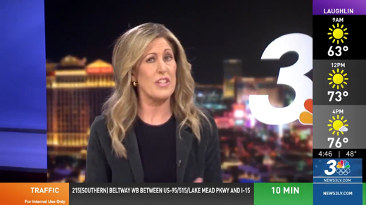 A blonde news anchor reports on screen with a Las Vegas skyline behind her. Weather for LAUGHLIN, traffic on 215 SOUTHERN BELTWAY (10 MIN), and NEWS3.COM are also visible.