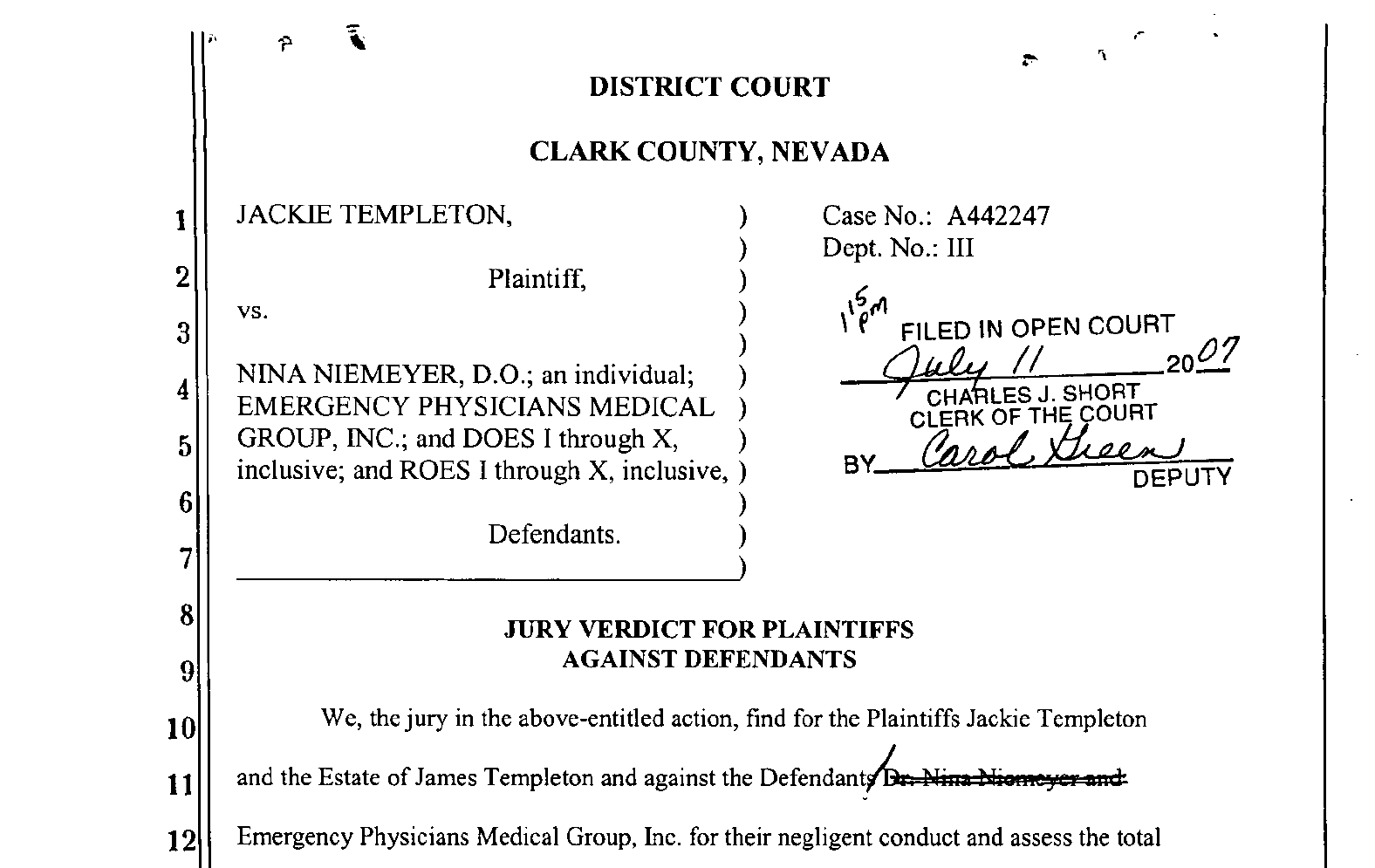 First page of Templeton Verdict Court Document